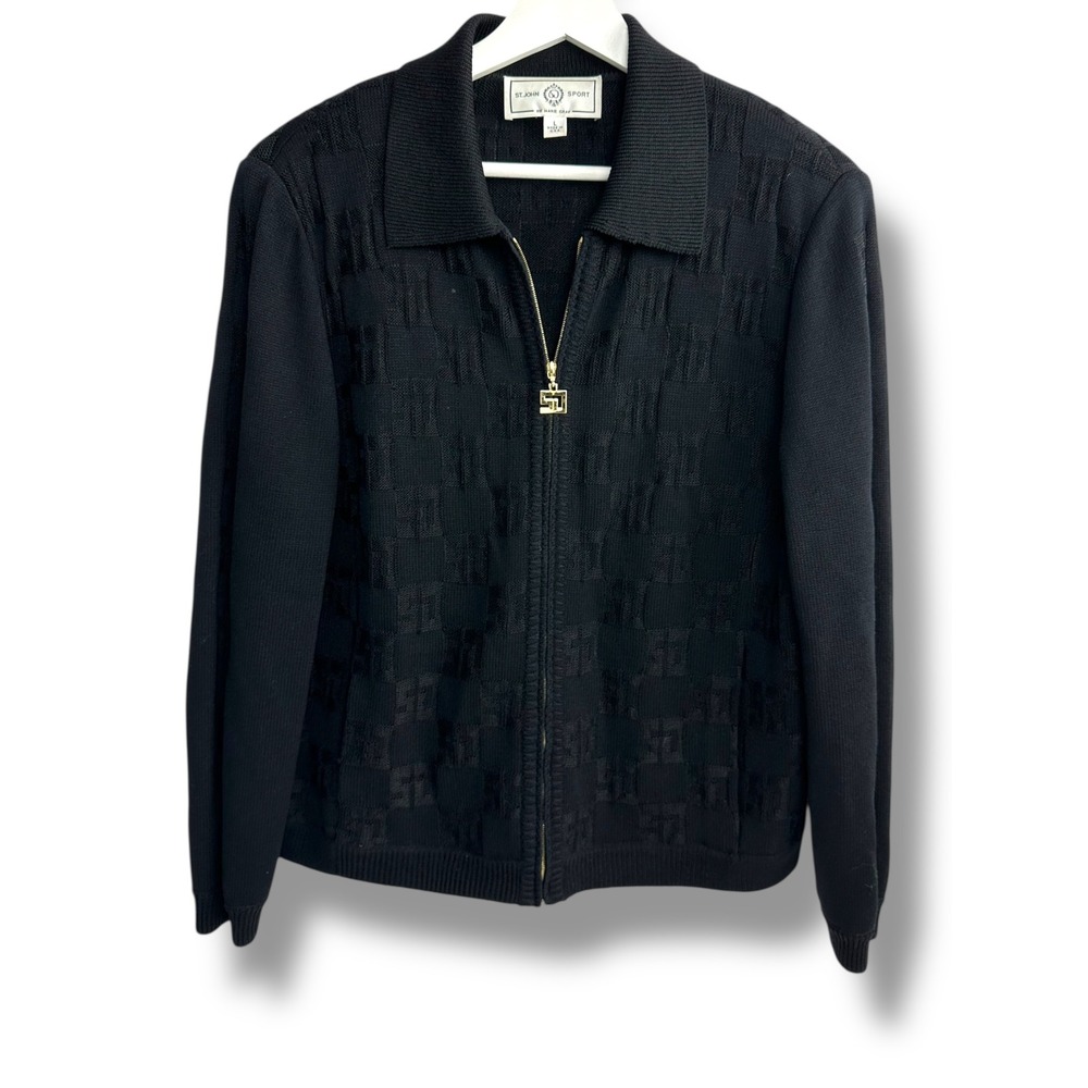 St John Sport by Marie Gray Black Textured Knit Zip Front Jacket Sweater L‎